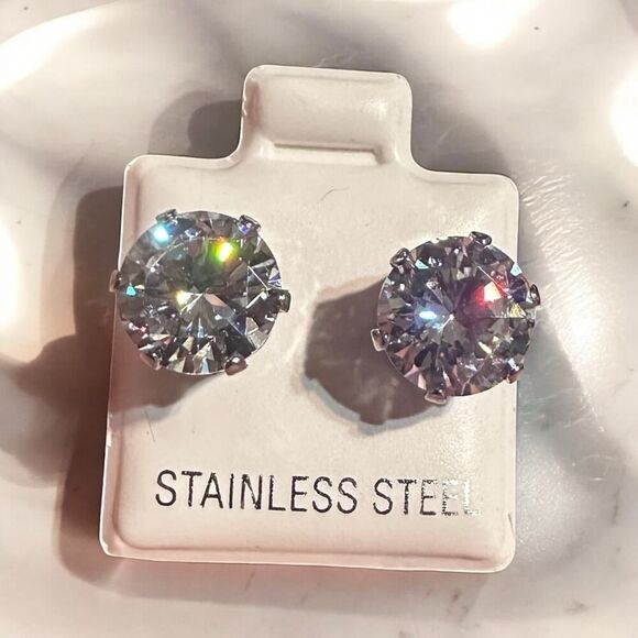 Stainless Steel 9mm Clear CZ Stud Earrings - Picture 1 of 8